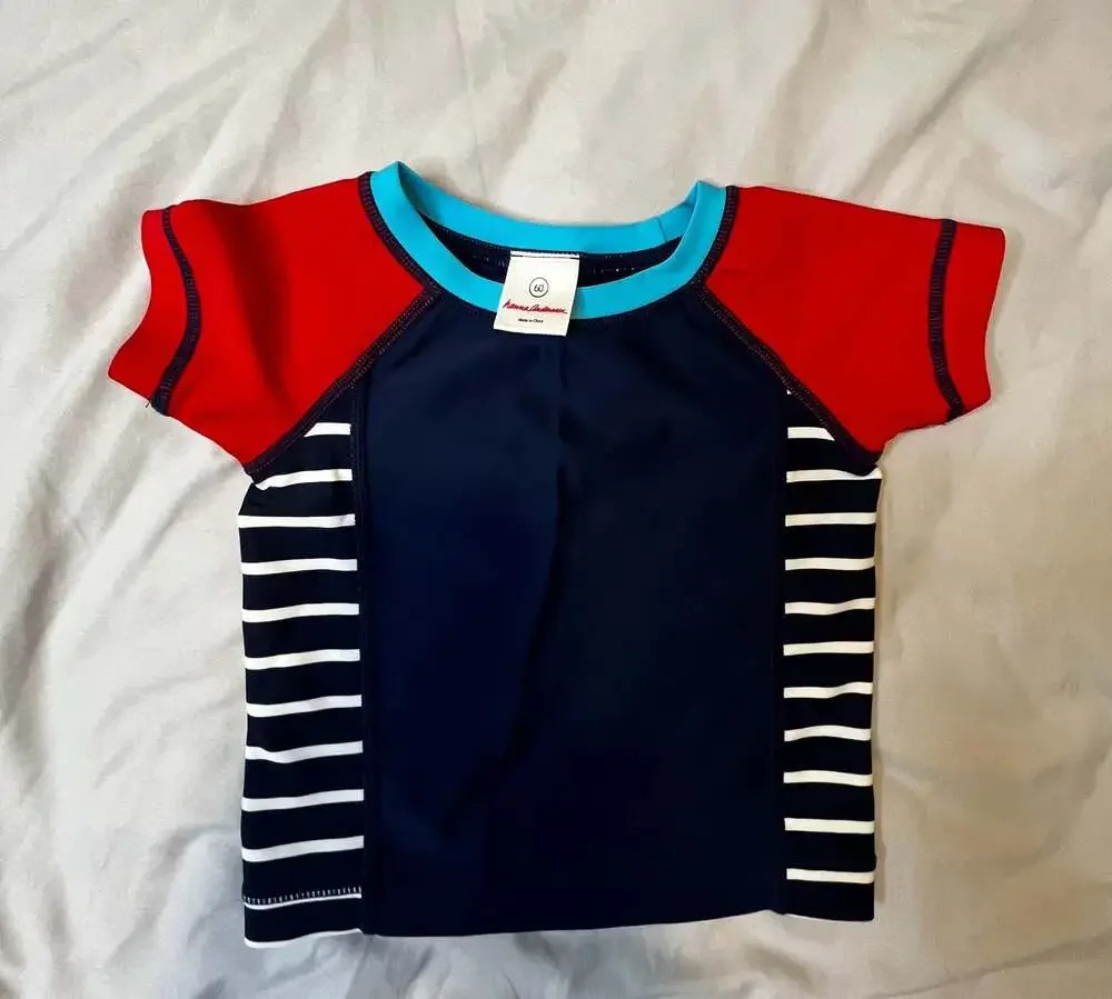 Hanna Andersson Toddler Boys Rash Guard Swim Shirt Red Navy Blue Striped